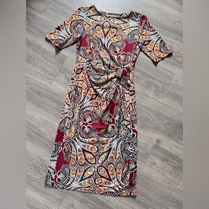 Shelby & Palmer gold foil paisley faux wrap midi dress. Size 8.